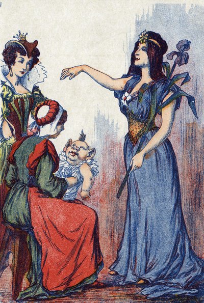 Opłata przewiduje, że Riquet będzie miał dużo na głowie. Ilustracja do „Riquet à la houppe””, opowiadania Charlesa Perraulta (1628-1703), francuskiego pisarza. Anonimowa ilustracja. Zdjęcia Marcel Vagne, Jarville Nancy, bez daty (koniec XIX wieku). autorstwa Unknown artist