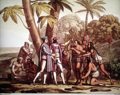 Pierwsi Indianie, którzy pojawili się Krzysztofowi Kolumbowi po jego przybyciu do Ameryki, - w „Starym i współczesnym stroju” Julesa Ferrario autorstwa Unknown artist