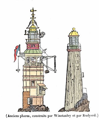 Pierwsza i druga latarnia morska w Eddystone. Pierwszy, zbudowany w 1696 roku, zniknął podczas sztormu w 1703 roku; drugie zawalenie się w 1775 r. w wyniku pożaru. autorstwa Unknown artist
