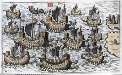 Flota Krzysztofa Kolumba (Cristoforo Colombo) na podbój nowego świata – w „New Tipus After the Voyage of the New World” Philoponusa Honoriusa autorstwa Unknown artist