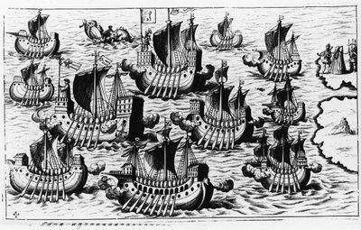 Flota Krzysztofa Kolumba (Cristoforo Colombo) na podbój nowego świata – w „New Tipus After the Voyage of the New World” Philoponusa Honoriusa autorstwa Unknown artist
