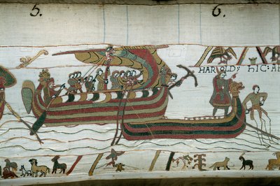 Flota Harolda, który przybył, aby poinformować księcia Normandii Wilhelma Zdobywcy (1027-1087), że będzie następcą korony Anglii po śmierci Edoaurda Wyznawcy, zostaje złapany przez tempete, które rzuca ją na wybrzeża hrabiego Guy de P autorstwa Unknown artist