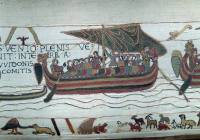 Flota Harolda, który przybył, aby poinformować księcia Normandii Wilhelma Zdobywcy (1027-1087), że będzie następcą korony Anglii po śmierci Edoaurda Wyznawcy, zostaje złapany przez tempete, które rzuca ją na wybrzeża hrabiego Guy de P autorstwa Unknown artist
