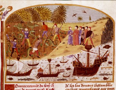 Flota króla Aleksandra Wielkiego Miniatura zaczerpnięta z „Księgi faktów Aleksandra Wielkiego” Kwintusa Curtiusa Rufusa (Quinte Curce) (I wiek), ok. 1468 r. - (Ms 1335) Reims, Biblioteka Miejska autorstwa Unknown artist