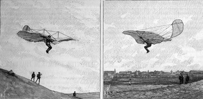Latający samolot Otto Lilienthala (1848-1896), niemieckiego pioniera aeronautyki, w dwóch różnych pozycjach (na zdjęciu). Grawerowanie w „”La Nature: revue des sciences et de leurs applications aux arts et a l