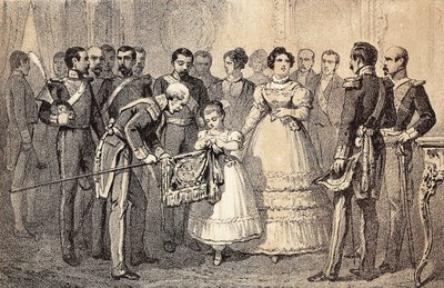 Przyszła królowa Hiszpanii Izabela II (Isabella de Bourbon) (1830-1904) (Isabel II of Espana) zdobiąca flagę Włóczni Gwardii Zakonu Świętego Ferdynanda (San Fernando). Litografia. autorstwa Unknown artist