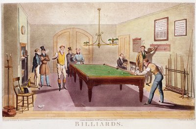 Gra w bilard Panowie z wysokiego społeczeństwa angielskiego grający w bilard. Grawer z 1827 r. Kolekcja prywatna autorstwa Unknown artist