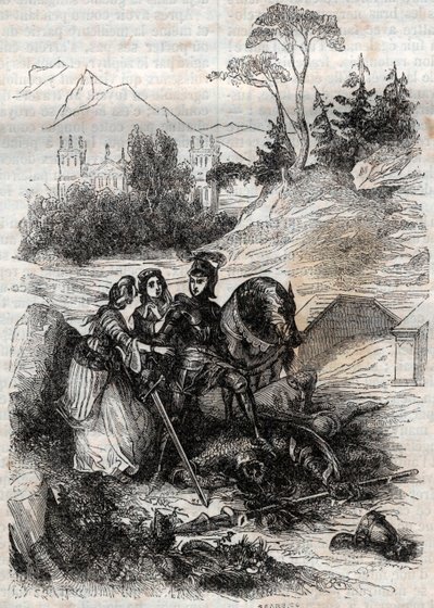 The Giant Eriphile Defeated by Roger (Ruggero, Ruggiero) – Grawerowanie z 1851 roku z „”Furious Roland”” (XVI wiek) Ludovico Ariosto, znanego jako Ariosta – Wydanie przetłumaczone z włoskiego przez hrabiego Tressan i wydane przez Gust autorstwa Unknown artist