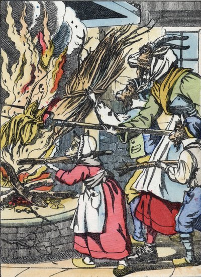 Koza i drobiazgi podpalają komin. Ilustracja do baśni „Compere le Loup, Maitre Renard, Comere la Chevre et ses petits biquets”” według bajki Jeana de la Fontaine. W „Opowieściach z domu dla najmłodszych””. Grawerowanie anonimowe autorstwa Unknown artist