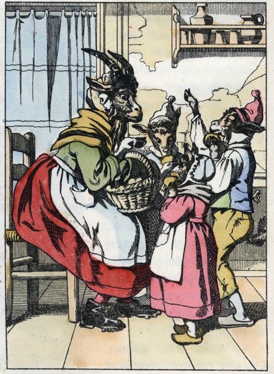 Koza jest poza rynkiem, słuchając historii bikietów. Ilustracja do baśni „Compere le Loup, Maitre Renard, Comere la Chevre et ses petits biquets”” według bajki Jeana de la Fontaine. W „”Bajki z domu dla najmłodszych”” autorstwa Unknown artist
