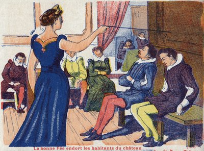 Dobra opłata śpi mieszkańców zamku. Anonimowa ilustracja do „La belle au bois dormant”, opowiadania Charlesa Perraulta (1628-1703), francuskiego pisarza. Zdjęcia Marcel Vagne, Jarville Nancy, bez daty (koniec XIX wieku). autorstwa Unknown artist