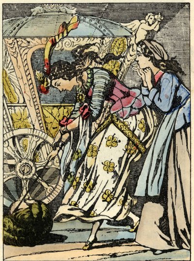 Dobra opłata za dynię w powozie przed oczami Kopciuszka. Ilustracja do bajki Charlesa Perraulta „Kopciuszek lub La petite slipper de verre” autorstwa Unknown artist