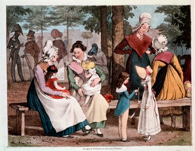 Dobre: scena z dziećmi i ich pokojówkami w parku (Grawerowanie autorstwa Unknown artist