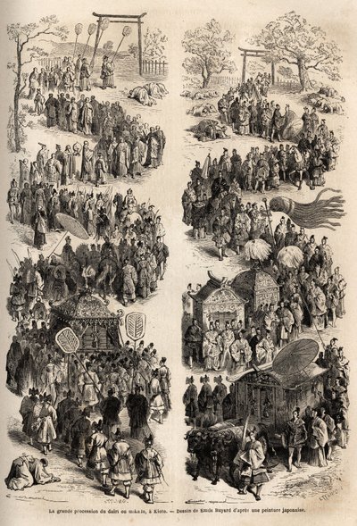 Wielka procesja Mikado (Cesarza Japonii) w dairi, starożytnym zamku cesarskim Heian-kyo (Heian Kyo, dzisiejsze Kioto) w latach 794-1869. Rycina ilustrująca podróż do Japonii w latach 1863-1864, Aime Humbert, minister Szwajcarii autorstwa Unknown artist