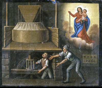 Ręka młodego robotnika zostaje złapana w kamień młyński. autorstwa Unknown artist