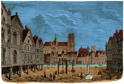 Dom z filarami lub dom delfina, dawny i pierwszy hotel miejski Paryża w średniowieczu, rycina XIX w. autorstwa Unknown artist