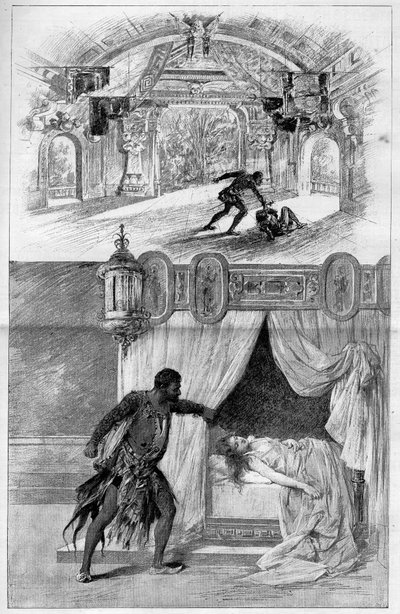 Znakomity teatr: Otello (Otello), opera włoskiego kompozytora Giuseppe Verdiego (1813-1901), reprezentowana 12 lutego w Teatrze Scala w Mediolanie Grawer w „Le monde illustrious”” autorstwa Unknown artist