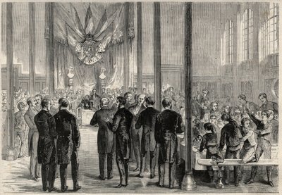 Cesarski książę Eugeniusz Ludwik Józef (1856-1879) na bankiecie św. Karola Wielkiego w Paryżu w Lycee Bonaparte (wtedy Lycee Condorcet). Grawer w „Prześwietnym Wszechświecie” autorstwa Unknown artist