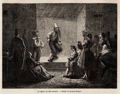 Drżenie, w tanecznej kawiarni, rysunek Duranda Bragera, ilustrujący Wycieczkę do biednych dzielnic Londynu w 1862 roku, autorstwa L.Simonina. Grawerowanie w „”Le tour du monde””, pod redakcją Edouarda Chartona autorstwa Unknown artist