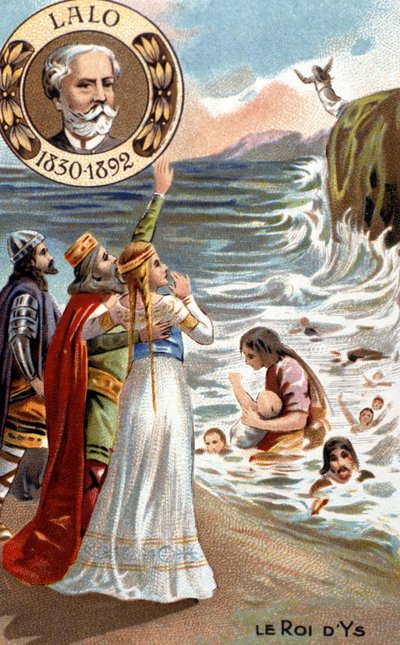 Król Ys, legendarnego miasta Bretanii, które zalały fale w IV lub V wieku. Edouard Lalo (1823 - 1892), reprezentowany w lewym górnym rogu, skomponował operę „Król Ys” (1888). chromolitografia z XIX wieku. autorstwa Unknown artist