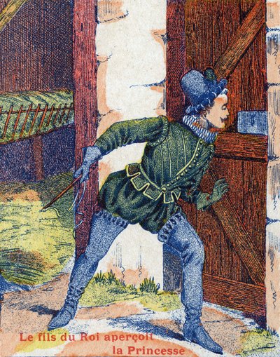Syn króla zobaczył księżniczkę. Ilustracja do opowiadania „Skóra osła” autorstwa Charlesa Perraulta (1628-1703), francuskiego pisarza. Zdjęcia Marcel Vagne, Jarville Nancy, bez daty (koniec XIX wieku). autorstwa Unknown artist