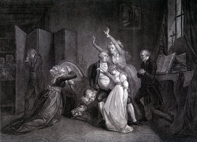 Ostatni wywiad Ludwika XVI z rodziną (Maria Antonina i Ludwik XVII). Rycina XIX wieku. autorstwa Unknown artist