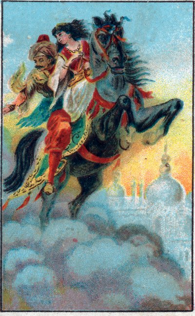 Przeciek. Opowieść „”Historia o zaczarowanym koniu””” w „”Tysiąc i jedna noc””” (1001 nocy lub Le mille e una notte, Arabian Nights). Chromolitografia z końca XIX wieku. autorstwa Unknown artist