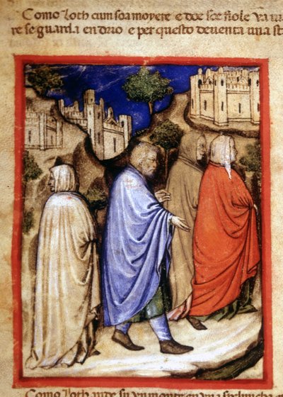 Wyciek Lotha i jego żony zamienił się w solny posąg, aby spojrzeć wstecz. Miniatura z kodeksu 212 (lub kodeksu padovano lub Biblii z Padwy) 1390-1400 Rovigo, Accademia dei Concordi autorstwa Unknown artist