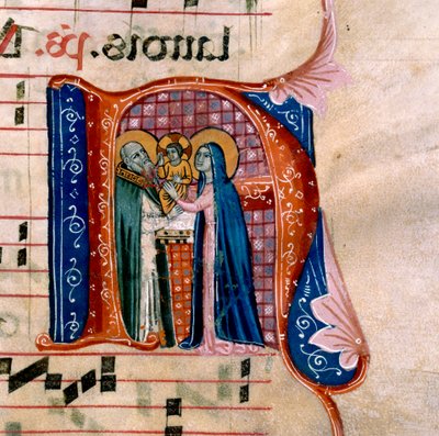 Litera „N” z przedstawieniem Ofiarowania w Świątyni: f.36v Antyfonarza autorstwa Unknown artist