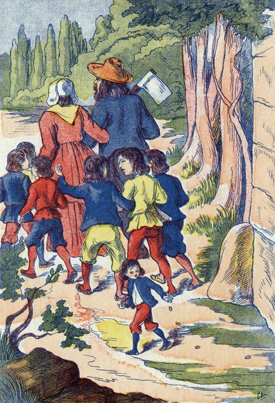 Mała saszetka sieje kamienie na swojej drodze. Ilustracja do „”Le Pepetit poucet””, opowiadania Charlesa Perraulta (1628-1703), francuskiego pisarza. Anonimowa ilustracja. Zdjęcia Marcel Vagne, Jarville Nancy, bez daty (koniec XIX wieku). autorstwa Unknown artist