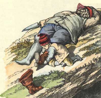 Mały pokrowiec kradnie buty z 7 miejsc śpiącemu ogra. Ilustracja do bajki „Le Petit Poucet” autorstwa Charlesa Perraulta autorstwa Unknown artist