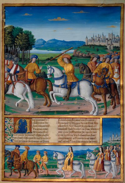 Szaleństwo Karola VI (1368-1422). 5 sierpnia 1392 r. w lesie Le Mans zaczął doświadczać napadów wściekłego szaleństwa: domagając się zdrady, zaatakował własny oddział i zabił cztery osoby. Kroniki Enguerranda de Monstrelet (w. 1400 autorstwa Unknown artist