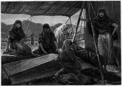 Produkcja dywanów przez koczownicze kobiety z Persji. Grawerowanie w czasopiśmie „”La jeunesse”” autorstwa Unknown artist