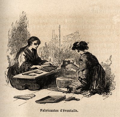 Produkcja ogonów. Rycina ilustrująca podróż do Japonii w latach 1863-1864, autorstwa Aime Humberta, ministra Konfederacji Szwajcarskiej, w „Le tour du monde, nouveau journal des voyages”, wydanej pod kierunkiem Edouarda Chartona autorstwa Unknown artist