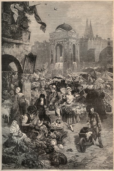 Marsz i fontanna Niewiniątek, Paryż w XVIII wieku - rycina z XIX wieku autorstwa Unknown artist
