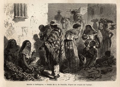 Marsz Cartagena (Kolumbia), na przedmieściach miasta, odwiedzany głównie przez Murzynów, Metów i Indian. Rycina ilustrująca podróż do Nowej Granady, autorstwa dr Saffray, w 1869, opublikowana w „”Le tour du monde”””” 1872, pod redakcją Edouarda Chartona, autorstwa Unknown artist