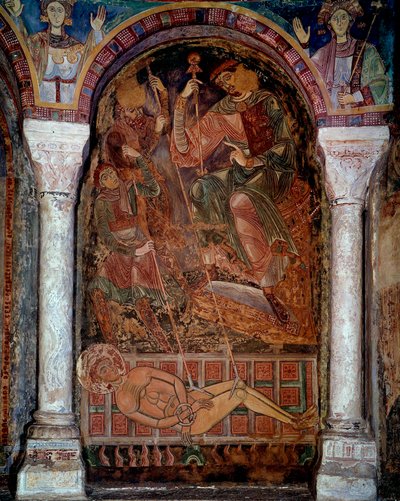 Męczeństwo św. Wawrzyńca (210/220-258) zginęło na grillu, fresku miasta Berze. 11 wiek. Kaplica Moines, Berze la Ville autorstwa Unknown artist