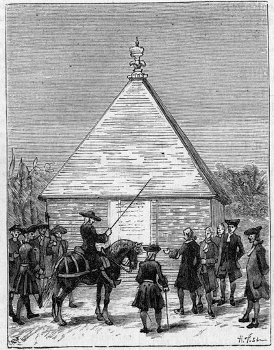 Miara stopnia Ekwadoru w XVIII wieku: piramida Carabourou w Peru, wzniesiona przez La Condamine w 1736 r. Grawer w „” La Nature: revue des sciences et de leurs applications aux arts et a l