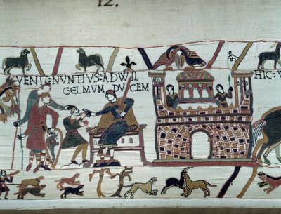 Posłańcy króla Normandii Wilhelma Zdobywcy (1027-1087) poinformowali go, że Harold, który przybył z Anglii w imieniu angielskiego króla Edwarda Wyznawcy Anglii, został wzięty do niewoli przez hrabiego Guy de Ponthieu. autorstwa Unknown artist
