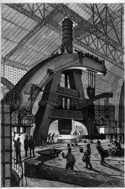 Przemysł metalowy: Kuźnia. Młot parowy Creusot (młot perkusyjny) zainstalowany w fabrykach Schneidera i Compagnie. Grawerowanie w „”La Nature”” autorstwa Unknown artist