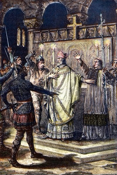 Morderstwo św. Tomasza Becketa w katedrze w Canterbury, 29 grudnia 1170, dokonane przez rycerzy z dworu króla Henryka II (drewno autorstwa Unknown artist