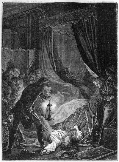 Morderstwo rosyjskiego cara Pawła I, marzec 1801 - Ilustracja 1882-1884 - Zabójstwo Pawła I Pietrowicza (1754-1801), rosyjskiego cara, w jego pokoju w Pałacu Świętego Michała po tym, jak został zmuszony do podpisania swojej abdykacji - Ilustracja 1882- 188 autorstwa Unknown artist