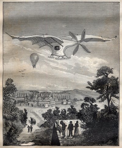 Nowe aerostaty: ptak Klemensa Adera (1841-1925), Eole, podczas eksperymentu w parku Eugene Pereire pod Paryżem w 1891 roku unosiłby się 15 m nad ziemią - Grawerowanie w „La Science francaise” autorstwa Unknown artist