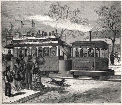 Nowe tramwaje parowe w Paryżu w 1876 r. kursujące na linii Saint - Germain - des - Prés pod drzwiami Chatillon, grawerujące kolekcję Bianchetti. autorstwa Unknown artist