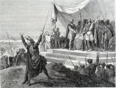 Przysięga dwóch braci przed zbroją: Karola II Łysego i Ludwika II Germańskiego składa przysięgę przeciw Lotarowi I (Przysięgi Strasburga 842). Rycina XIX wieku. autorstwa Unknown artist