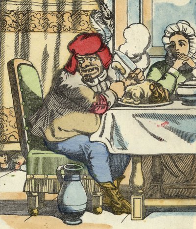Ogr przy stole wyczuwa obecność małego Pouceta i jego braci. Ilustracja do bajki „Le Pepetit Poucet” autorstwa Charlesa Perraulta autorstwa Unknown artist