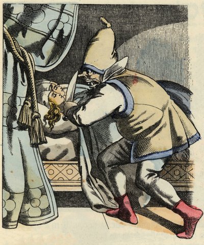 Ogr odcina głowę swoim siedmiu córkom, myśląc o zabiciu Małego Pouleta i jego braci. Ilustracja do bajki „Le Petite Poucet” autorstwa Charlesa Perraulta autorstwa Unknown artist