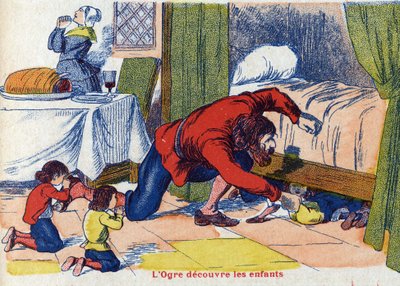 Ogr odkrywa dzieci. Ilustracja do „”Le Pepetit poucet””, opowiadania Charlesa Perraulta (1628-1703), francuskiego pisarza. Anonimowa ilustracja. Zdjęcia Marcel Vagne, Jarville Nancy, bez daty (koniec XIX wieku). autorstwa Unknown artist