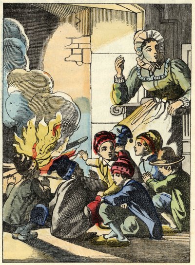 Żona ogra rozpala Małego Pouceta i jego braci ogniem. Ilustracja do bajki „Le Pepetit Poucet” autorstwa Charlesa Perraulta autorstwa Unknown artist