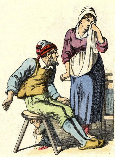 Rodzice Małego Pouceta postanowili porzucić swoje dzieci w lesie. Ilustracja do bajki „Le Pepetit Poucet” autorstwa Charlesa Perraulta autorstwa Unknown artist